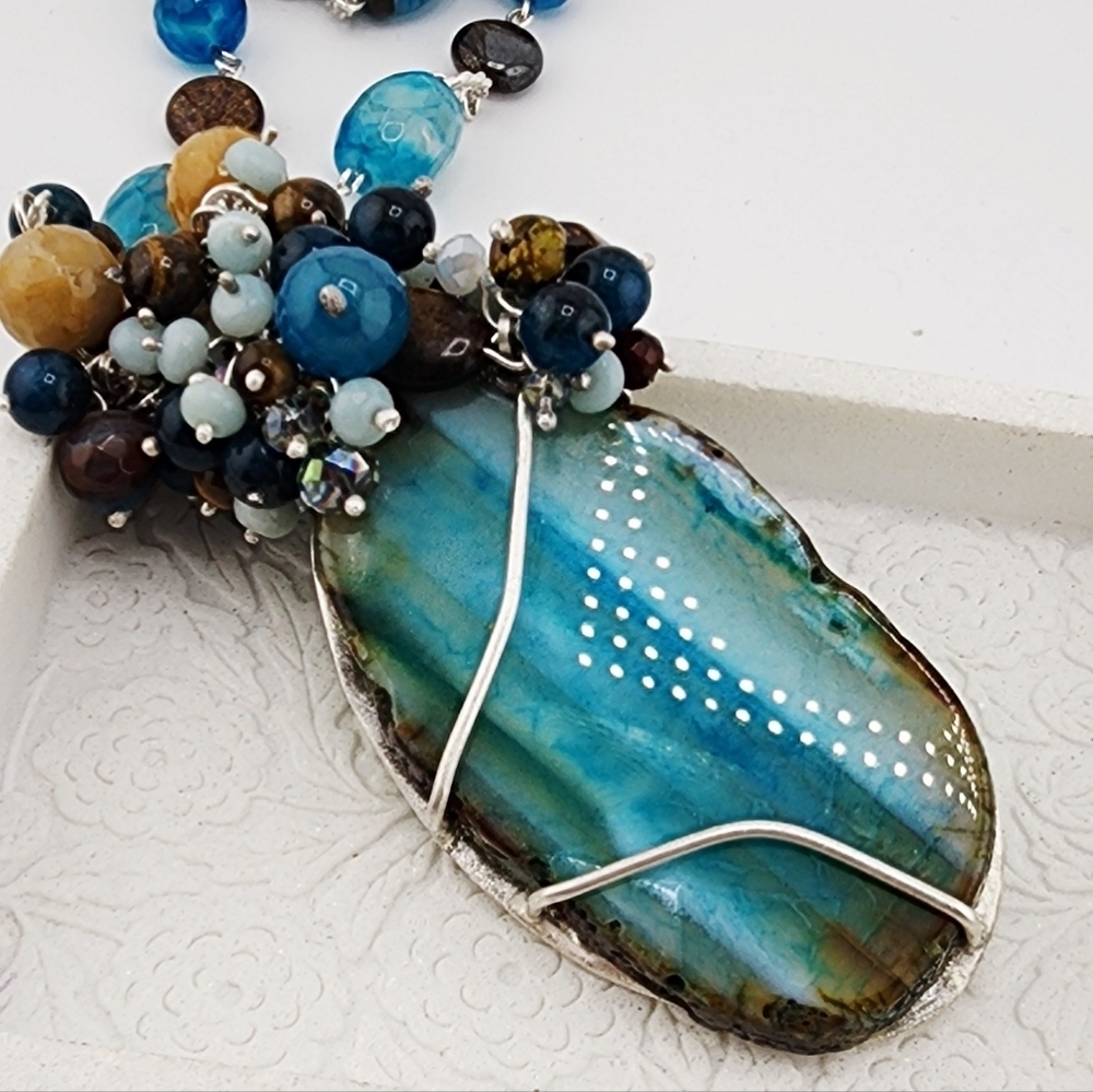 AGATE, AMAZONITE & TIGERS EYE GENUINE GEMSTONE NECKLACE HANDMADE STERLING SILVER - Picture 12 of 14